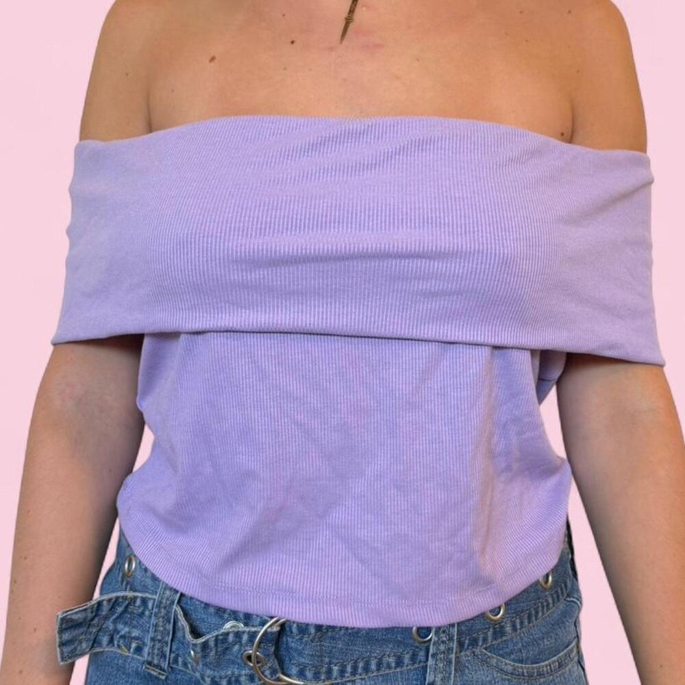 h&m lavender off-the-shoulder ribbed top